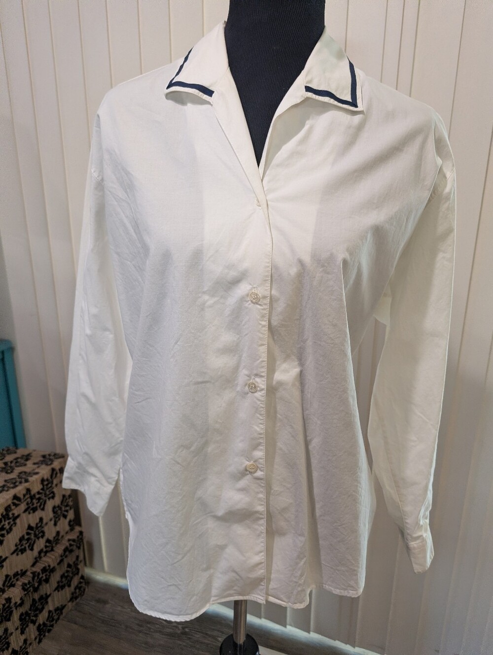 Next Collection Button Down Blouse With Navy Ribbon Accent On Collar